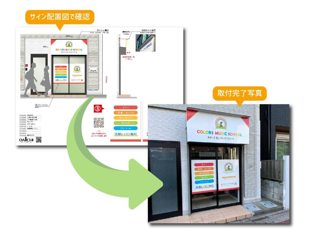 音楽教室の看板設置シミュレーション図と実際に施工した完成写真の比較