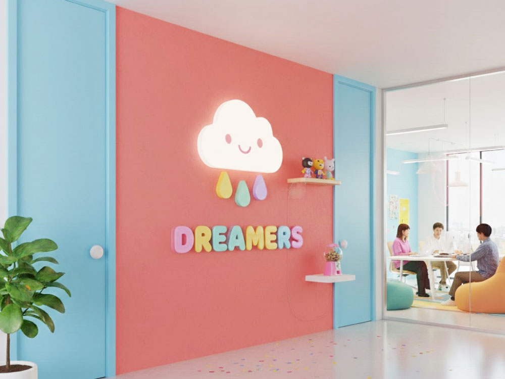 壁面に対してロゴを大きく配置するしたエントランスサイン